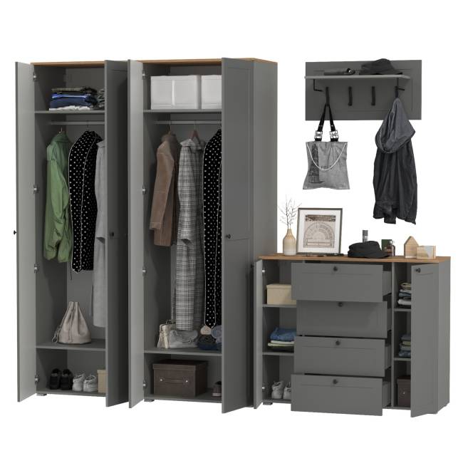 Комод четыре ящика с настенной вешалкой и двумя платяными шкафами Остин цвет серый графит/дуб крафт золотой