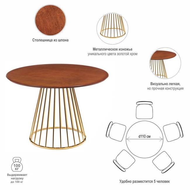 Стол Liverpool 110см шпон орех, золотистые ножки Стол Liverpool 110см шпон орех, золотистые ножки