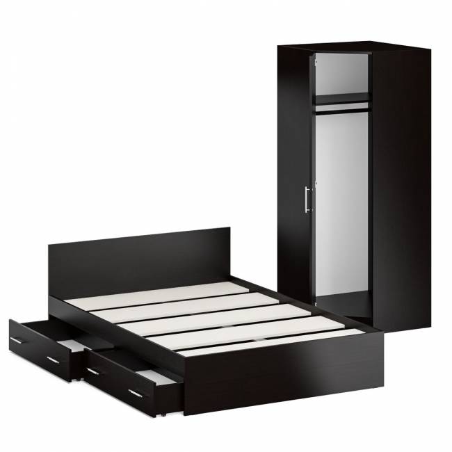 Двуспальная кровать с ящиками 1400 с угловым шкафом Стандарт цвет венге Двуспальная кровать с ящиками 1400 с угловым шкафом Стандарт цвет венге