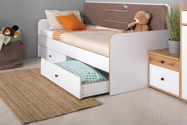 Детская кровать с ящиками и уголок школьника Вуди № 36 цвет белый премиум/дуб крафт золотой/саванна латте