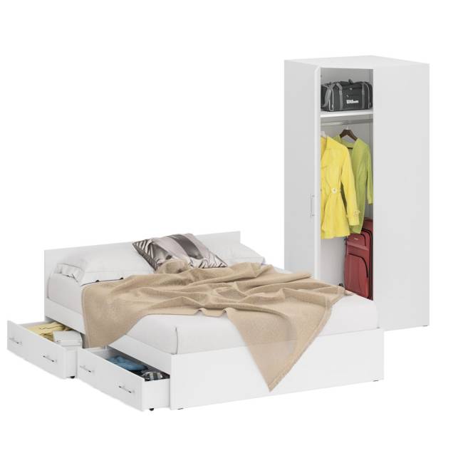 Двуспальная Кровать белая с ящиками 1600 с угловым шкафом Стандарт цвет белый