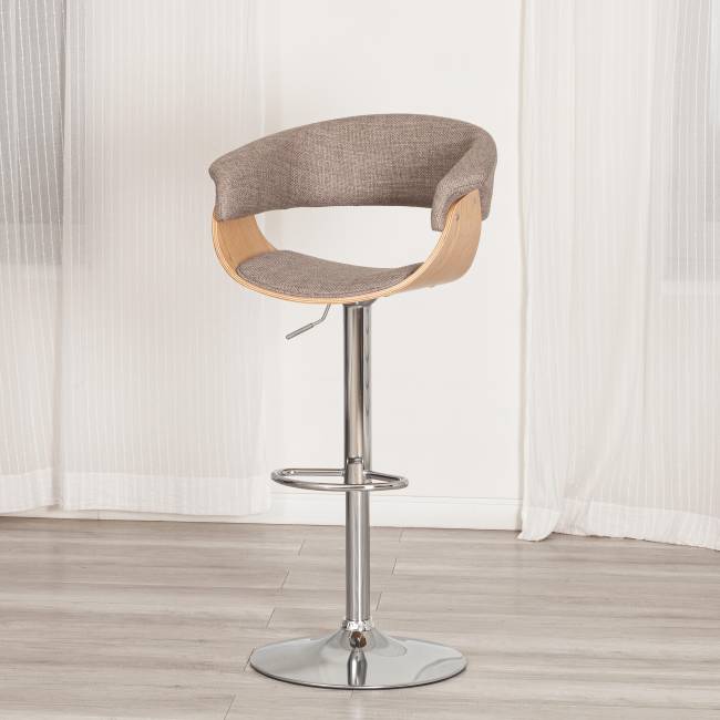 Барный стул VIMTA (mod.4021S) металл/дерево/ткань, 60х51х91,5-112,5 см, выс. сид. 61,5-82,5 см, бежевый/натур./хром, Aimcasa 5 береза, серый металл/дерево/ткань