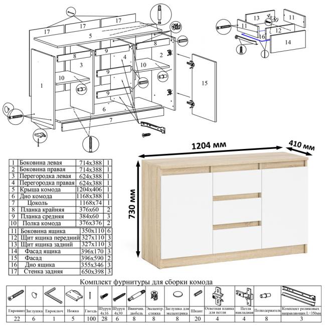Комод-тумба три ящика и две дверки Мори МК1200.3 цвет дуб сонома/белый