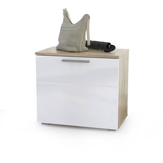 Тумба для обуви с вешалкой Лайн цвет дуб крафт серый/фасады МДФ белый глянец Тумба для обуви с вешалкой Лайн цвет дуб крафт серый/фасады МДФ белый глянец