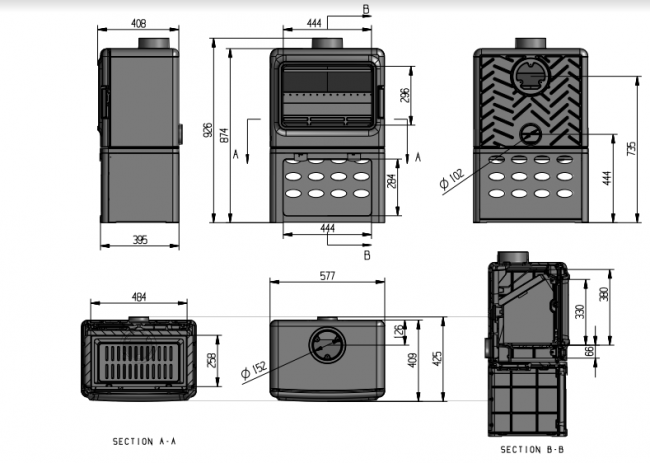 Печь-камин Leopard 9кВт, с дровником, дымоход d-150 мм