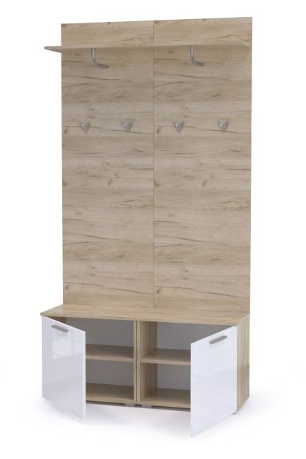 Тумбы для обуви с вешалками для верхней одежды Лайн цвет дуб крафт серый/фасады МДФ белый глянец Тумбы для обуви с вешалками для верхней одежды Лайн цвет дуб крафт серый/фасады МДФ белый глянец