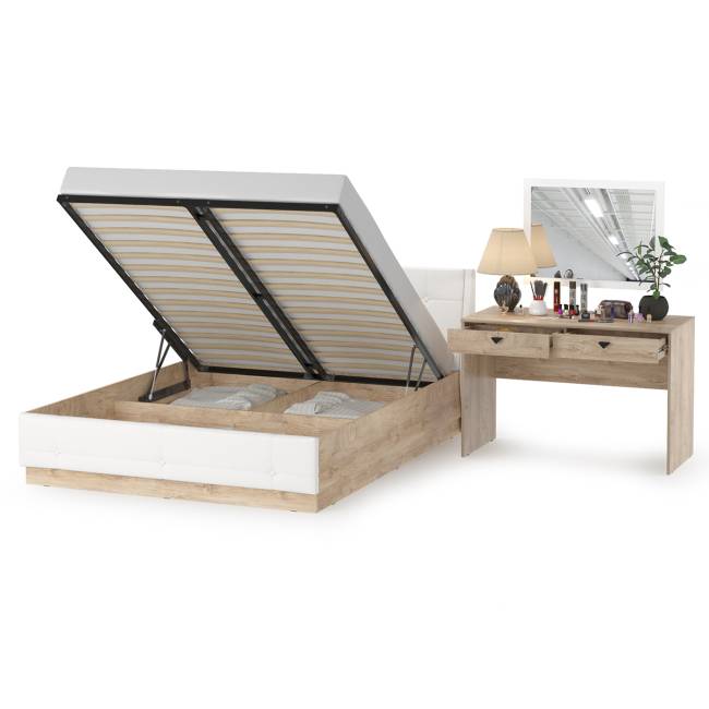 Кровать Муссон с подъёмным ортопедом и стол Бостон с зеркалом цвет белый/дуб эндгрейн элегантный/кожзам белый Кровать Муссон с подъёмным ортопедом и стол Бостон с зеркалом цвет белый/дуб эндгрейн элегантный/кожзам белый