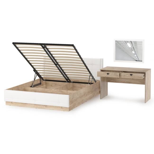 Кровать Муссон с подъёмным ортопедом и стол Бостон с зеркалом цвет белый/дуб эндгрейн элегантный/кожзам белый Кровать Муссон с подъёмным ортопедом и стол Бостон с зеркалом цвет белый/дуб эндгрейн элегантный/кожзам белый