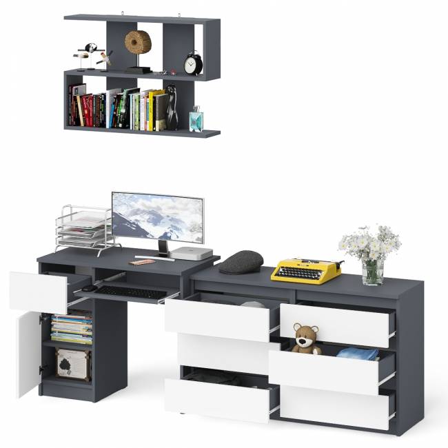 Большой комод на 6-ть ящиков Мори с компьютерным столом МС-1 левый и полка открытая на 900 цвет графит/белый Большой комод на 6-ть ящиков Мори с компьютерным столом МС-1 левый и полка открытая на 900 цвет графит/белый