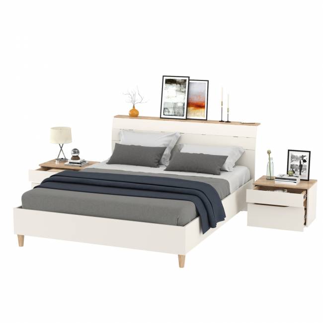 Две прикроватных тумбочки и кровать с основанием 1600 Муссон 11.41 цвет белый/дуб эндгрейн элегантный