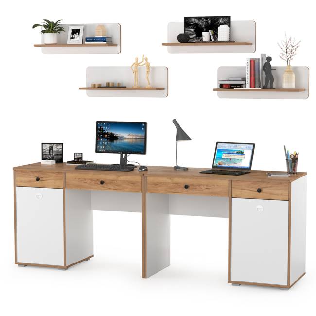 Столы письменные и четыре открытых полки для двоих детей Вуди цвет белый премиум/дуб крафт золотой